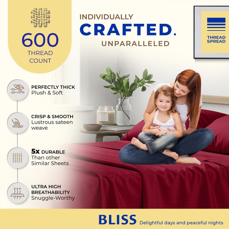 THREAD SPREAD 100% Egyptian Cotton Queen Size Sheet Set - 4 PC 600 Thread Count Egyptian Cotton Sheets Set for Queen Size Bed (Burgundy), Soft, Cooling, Luxury Hotel 16" Deep Pocket Sateen Bedsheet - Image 2